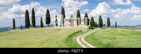 Bauernhaus mit Zypressen in der Nähe von Pienza, Val d ' Orcia (Orcia-Tal), UNESCO, Provinz Siena, Toskana, Italien Stockfoto