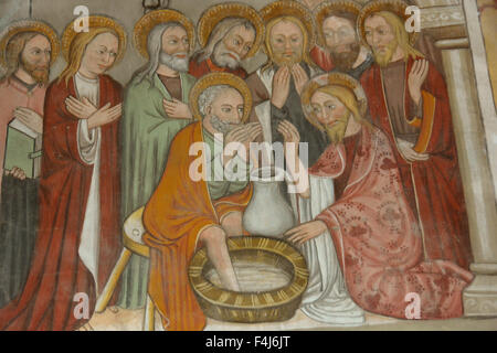 Ein aus dem 16. Jahrhundert-Gemälde, die Jesus seinen Jüngern die Füße wäscht, St.-Antonius Kapelle, Bessans, Savoie, Frankreich, Europa Stockfoto
