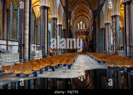 Auf der Suche nach dem herrlichen Hauptschiff der Kathedrale von Salisbury, Salisbury, Wiltshire, England, Vereinigtes Königreich, Europa Stockfoto