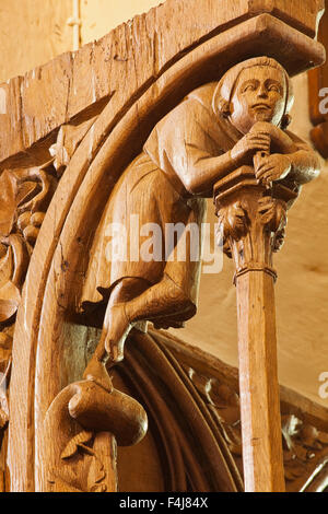 Im 14. Jahrhundert geschnitzte hölzerne Stände in der Kirche von Saint Jean l'Evangeliste, Barre le Regulier, Cote d ' or, Burgund, Frankreich Stockfoto