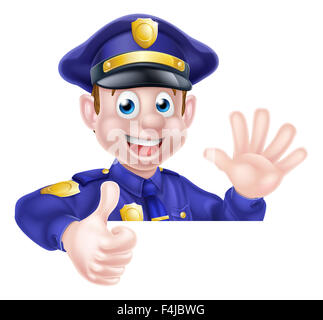 Ein Cartoon Polizei Mann beugte sich über ein Schild winken und geben einen Daumen nach oben Stockfoto