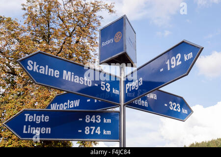 Rotary International Wegweiser zeigen europäische Städte und Entfernungen in der polnischen Stadt. Polanica-Zdrój, Polen, Europa Stockfoto