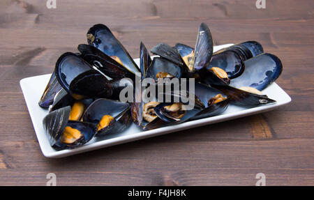 Muscheln auf weiße Tablett auf Holztisch Stockfoto