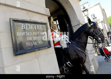 Hüten Sie sich vor Pferden kann Kick oder beißen, Zeichen, Horse Guards, London, UK Stockfoto