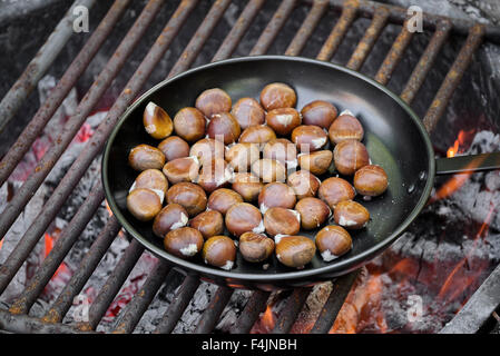 Kastanien am offenen Feuer braten Stockfoto