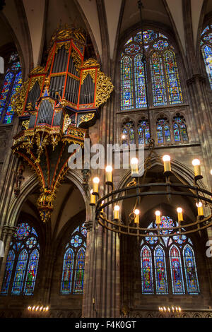 Orgel und Buntglas-Fenster in der Kathedrale unserer lieben Frau von Straßburg / Cathédrale Notre-Dame de Strasbourg, Frankreich Stockfoto