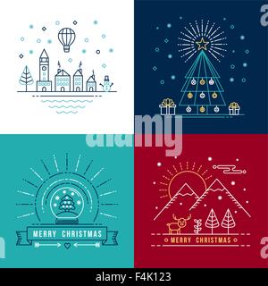 Frohe Weihnachten-Gliederung-Label set mit Winter-Stadt, Xmas Tree, Schneekugel und Rentier-Elemente. Ideal für Urlaub Einladung. Stock Vektor