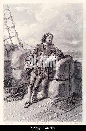 Captain Lemuel Gulliver auf See auf seinem Handelsschiff aus der französischen Ausgabe von "Gullivers Reisen" von Jonathan Swift (1667-1745), Illustration von Paul Gavarni (1804-1866). Siehe Beschreibung für mehr Informationen. Stockfoto