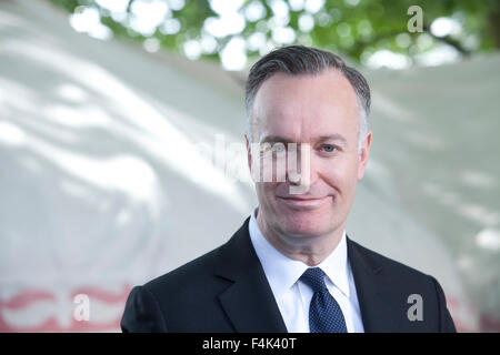 Andrew O'Hagan, FRSL, dem schottischen Schriftsteller und Sachbuch-Autor und Man Booker Prize nominiert, an das Edinburgh International Book Festival 2015. Edinburgh, Schottland. 28. August 2015 Stockfoto