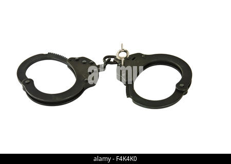 Schwarzes Oxid Polizeihandschellen auf weißem Hintergrund Stockfoto
