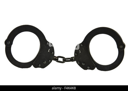 Schwarzes Oxid Polizeihandschellen auf weißem Hintergrund Stockfoto
