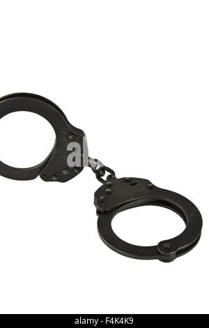 Schwarzes Oxid Polizeihandschellen auf weißem Hintergrund Stockfoto