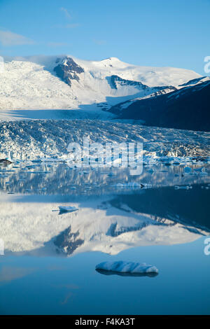 Reflexion der Gletscher in der Fjallsarlon Fjallsjokull Eisberg Lagune, Vatnajökull National Park, Sudhurland, Island. Stockfoto