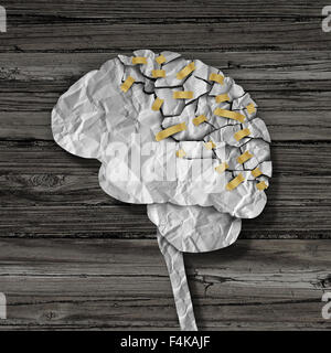 Gehirn-Rehabilitation und psychische Gesundheit Therapiekonzept als eine gebrochene gerillter geprägt als die menschlichen Denkens Orgel zusammen mit Klebeband als Neurologie medizinische Behandlung Symbol repariert. Stockfoto