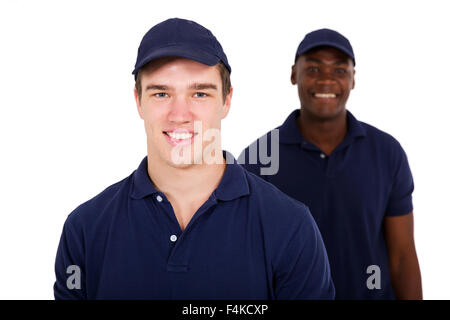 hübscher Junge zwei Arbeiter auf weiß Stockfoto