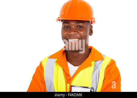 Porträt der jungen afrikanischen Arbeiter in Uniform hautnah Stockfoto