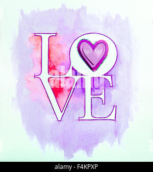 Wort Liebe über abstrakte Aquarell und Purple heart Stockfoto