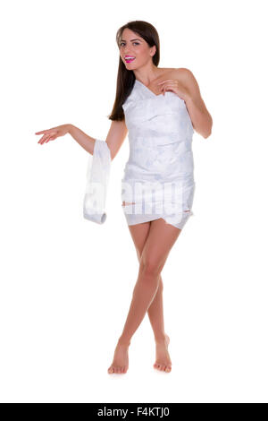 Lustiges Foto einer jungen Frau mit nichts zu tragen aber Abfallstoffe - Dies ist Teil einer Serie mit Jute-Tasche, WC-Papier... Stockfoto