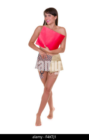 Lustiges Foto einer jungen Frau mit nichts zu tragen aber Abfallstoffe - Dies ist Teil einer Serie mit Jute-Tasche, Toilettenpapier, bu Stockfoto