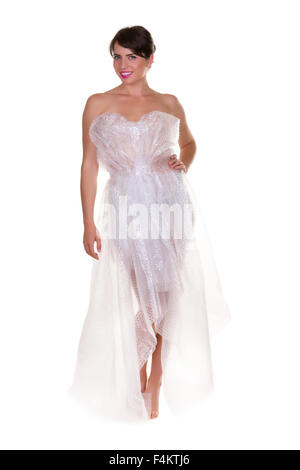 Lustiges Foto einer jungen Frau mit nichts zu tragen aber Abfallstoffe - Dies ist Teil einer Serie mit Jute-Tasche, WC-Papier... Stockfoto