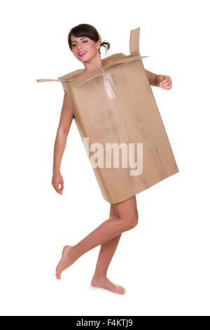 Lustiges Foto einer jungen Frau mit nichts zu tragen aber Abfallstoffe - Dies ist Teil einer Serie mit Jute-Tasche, Toilettenpapier, bu Stockfoto