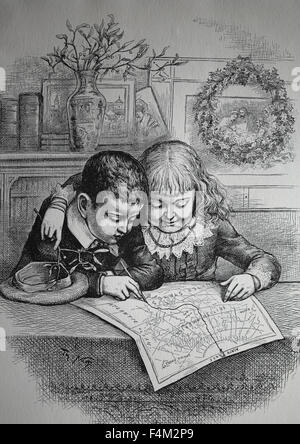 Weihnachten. Kinder, die Rückverfolgung des Weihnachtsmannes Route vom Nordpol. 1885 durch Thomas Nast-Gravur. Stockfoto