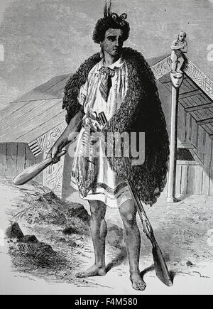 Pazifik-Inseln. Neuseeland. Maori Chef, ca. 1860. Gravur. Stockfoto