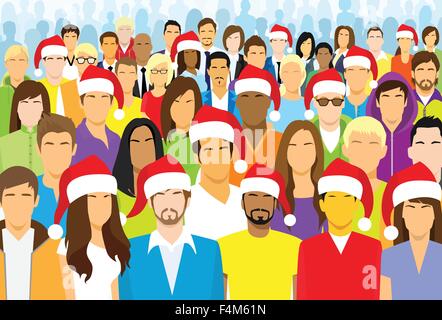 Weihnachten-Gruppe von Menschen tragen Weihnachtsmütze große Menschenmenge Neujahr Stock Vektor