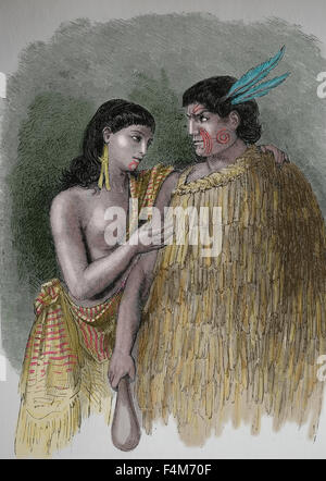 Pazifik-Inseln. Neuseeland. Ein Maori-Häuptling mit seiner Frau, 1880. Gravur. Farbe. Stockfoto