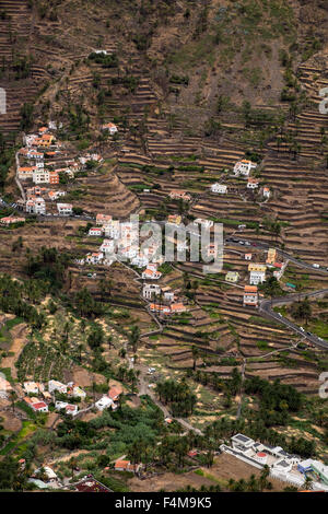 Blick ins Valle Gran Rey vom Mirador del Palmarejo, AKA Mirador de Cesar Manrique, in La Gomera, Kanarische Inseln, Spanien. Stockfoto