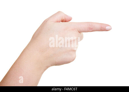 Hand mit verlängerten Zeigefinger auf weißem Hintergrund Stockfoto