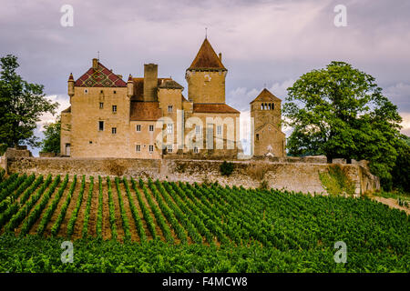 Das Chateau de Pierreclos am späten Nachmittag. Juli 2015. Burgund, Frankreich. Stockfoto