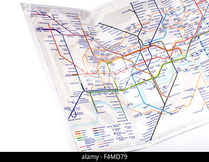 LONDON, UK - 19. Oktober 2015: Eine abstrakte Aufnahme von einer offenen London Undergroud Tube Map am 19. Oktober 2015. Stockfoto