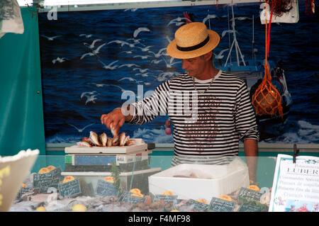 Fischhändler am Marktstand in Provence Frankreich Europa Deaer Händler Verkauf monger Stockfoto