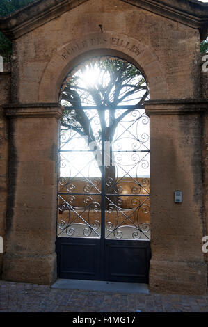 Alten Stein Eingang und Metalltür mit Twilight und Baum in Provence Frankreich Europa Stockfoto