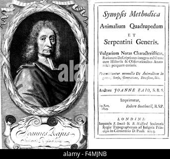 JOHN RAY (1627-1705) Frontispiz Porträt und Titelblatt seines 1693-Buches "Synopsis Methodica Animalium Quadrupedum et Serpentini Generis Stockfoto