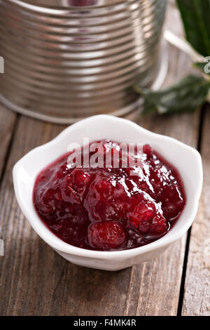 Cranberry-Sauce im Schälchen mit metallischen Gefäß im Hintergrund Stockfoto