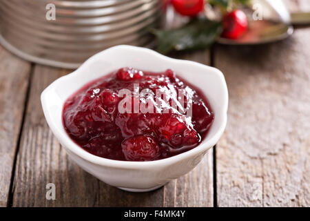 Cranberry-Sauce im Schälchen mit metallischen Gefäß im Hintergrund Stockfoto