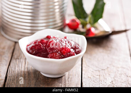 Cranberry-Sauce im Schälchen mit metallischen Gefäß im Hintergrund Stockfoto