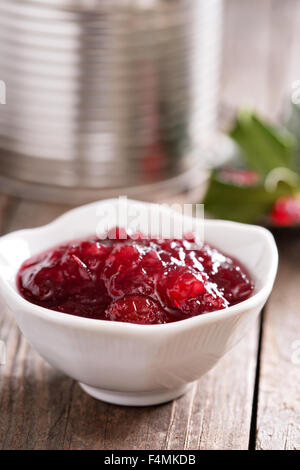 Cranberry-Sauce im Schälchen mit metallischen Gefäß im Hintergrund Stockfoto