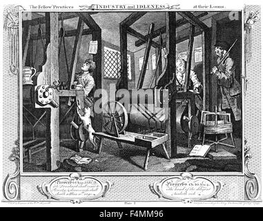 Industrie und MÜßIGGANG Platte 1 - Spitalifield Weber bei der Arbeit. Kupferstich von William Hogarth Stockfoto