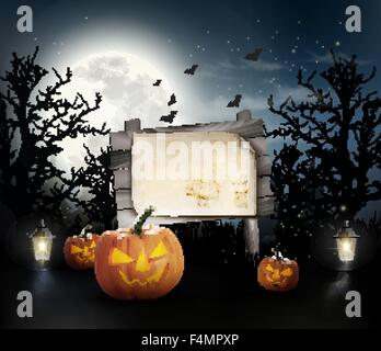 Scary Halloween-Hintergrund mit ein Holzschild. Vektor. Stock Vektor