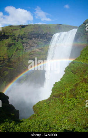 Doppelter Regenbogen in 60m hohen Skogafoss Wasserfall, Skogar, Sudhurland, Island. Stockfoto