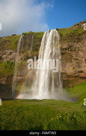 60m-hohen Seljalandsfoss Wasserfall, Sudhurland, Island. Stockfoto