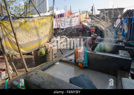Eine Arbeit ist das Waschen Tücher an mahalaxmi dhobi Ghat, die weltweit größte outdoor Wäscheservice. etwa 5000 Arbeiter, die hier leben und arbeiten, Stockfoto