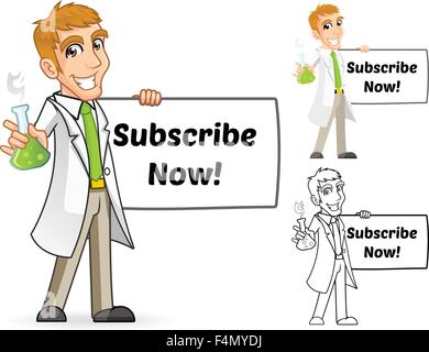 Wissenschaftler-Cartoon-Figur hält einen Becher und Banner Stock Vektor