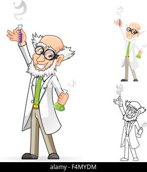 Wissenschaftler-Cartoon-Figur hält einen Becher und Reagenzglas mit einer Hand angehoben und große Gefühle Stock Vektor