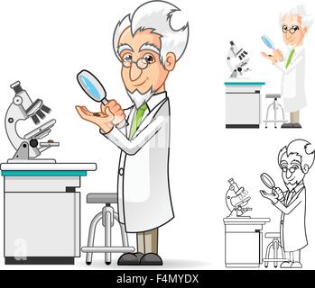 Wissenschaftler-Cartoon-Figur hält eine Lupe mit Mikroskop im Hintergrund Stock Vektor