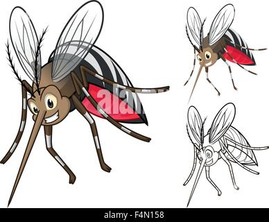 Detaillierten Mücken Comicfigur mit flachen Design und Linie Kunst schwarz-weiß Version Stock Vektor