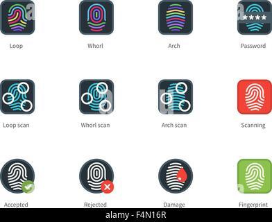 Fingerabdruck-Typen und Scanning farbige Icons auf weißem Hintergrund. Stock Vektor